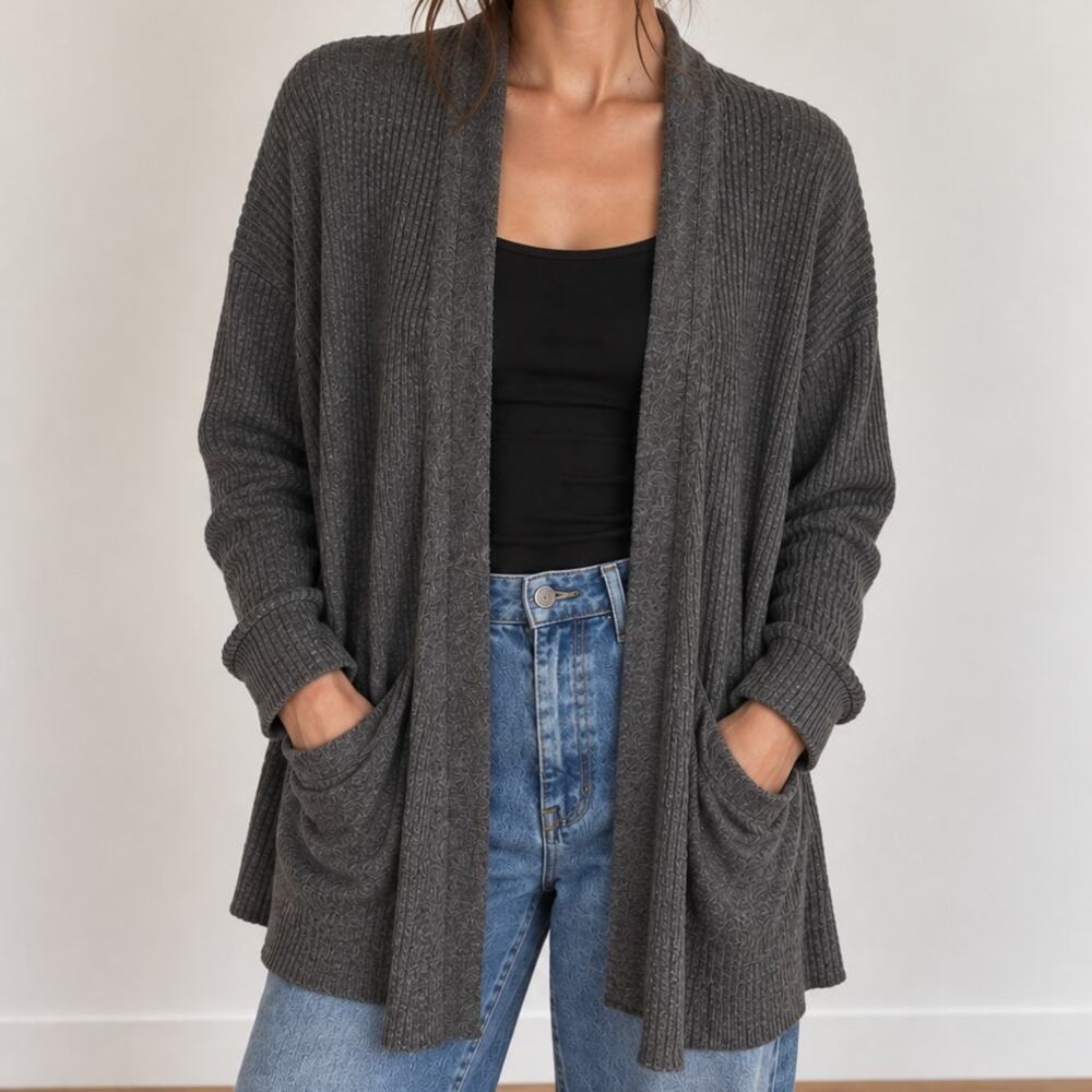 Eileen Fisher 100% Organic Linen Long Cardigan Sweater Gray Pockets Small